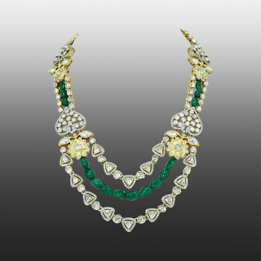 Layered Polki Necklace with Emerald Maniya and Floral Motifs